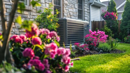 Residential HVAC unit in landscaped backyard