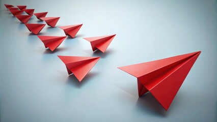 Red paper plane leading a row of paper planes in a concept of leadership and direction, leadership, teamwork, success