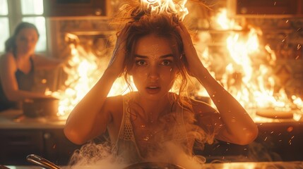 During food preparation, an unexpected stove fire sends a woman into a moment of anxious paralysis, smoke billowing around her.