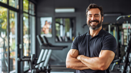 Fototapeta premium A high-definition photograph of a confident, smiling man in a modern gym, arms crossed