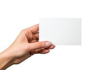 Obraz premium Blank postcard holding hand isolated on white background
