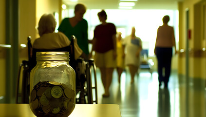 coins in a glass jar on table in front of elderly person in wheelchair, blurred hospital background, capturing depth and perspective