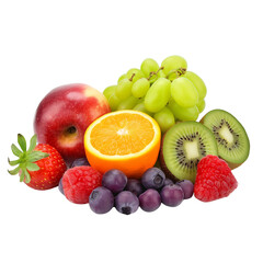  Fresh  fruits :strawberries, apples,raspberry,blueberry,  kiwi, oranges,cherries,pineapple, banana and grapes isolated on a transparent background.