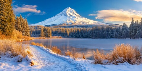 Fototapeta premium Serene Winter Wonderland: Enchanting Anime-Style Landscape with Frozen Lake Path Leading to Majestic Snow-Capped Mountains. Captivating Digital Art Illustration for Creative Marketing, Book Design, an