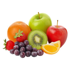  Fresh  fruits :strawberries, apples,raspberry,blueberry,  kiwi, oranges,cherries,pineapple, banana and grapes isolated on a transparent background.