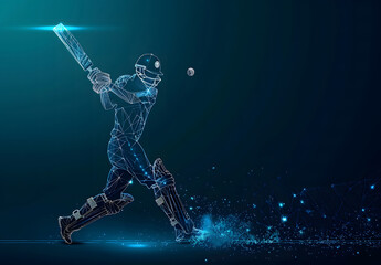 Digital blue low poly cricket player with glowing data streams AI in sports analytics, player performance tracking systems, match prediction algorithms, and training programs. wireframe player design