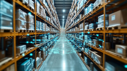 High-resolution digital warehouse with rows of shelves filled with cardboard boxes, illuminated by holographic blue, green, and orange lights. The background features advanced data visualization, repr