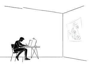 continuous single line drawing of student doing homework, line art vector illustration