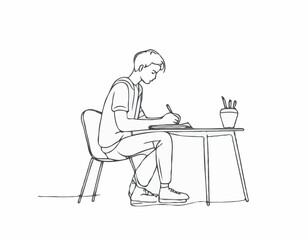 continuous single line drawing of student doing homework, line art vector illustration