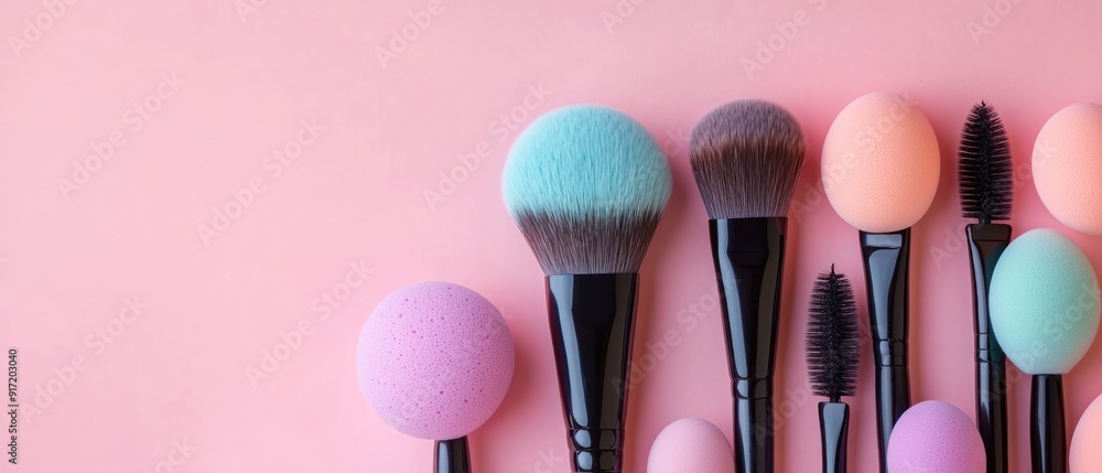 Wall mural colorful makeup brushes and sponges on pink background