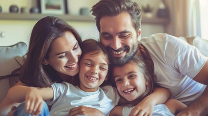 Obraz premium Family enjoying cool air from air conditioner in living room