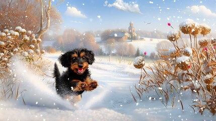 Happy Dachshund Running Through Winter Snow in Countryside