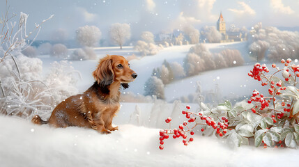 Charming Dachshund Enjoying Winter Snow With Red Berries