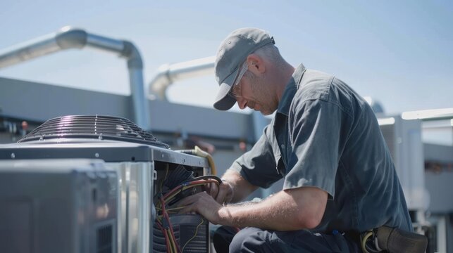 Air conditioning unit with technician performing maintenance