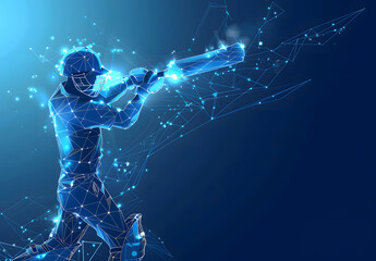 Digital blue low poly cricket player with glowing data streams AI in sports analytics, player performance tracking systems, match prediction algorithms, and training programs. wireframe player design