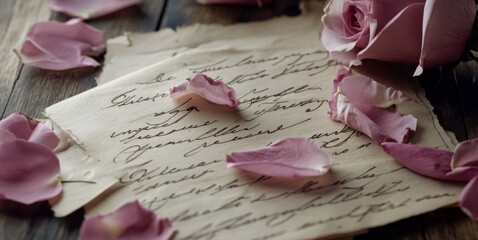 Naklejka premium Timeless Romance: A Treasure Trove of Handwritten Memories on Aged Parchment, Embellished with Delicate Rose Petals and Echoes of Past Whispers