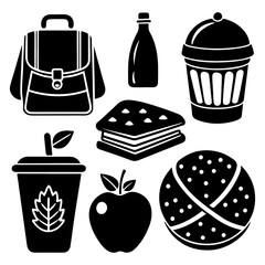 Collection of educational concepts including back-to-school items such as notepads, papers, pencils, food, bags, and other school-related objects in outline and education concept icons.