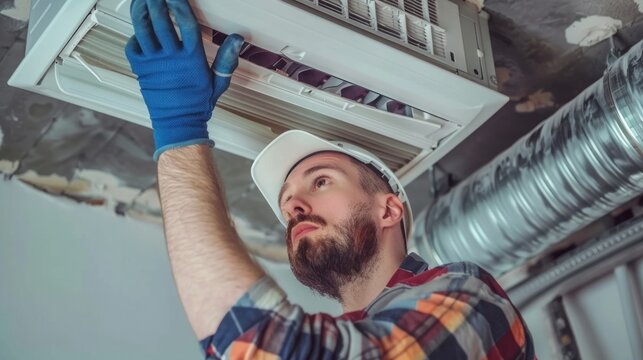 Technician inspecting air ducts in residential building