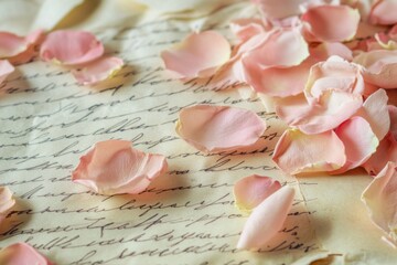 Timeless Romance: A Treasure Trove of Handwritten Memories on Aged Parchment, Embellished with Delicate Rose Petals and Echoes of Past Whispers
