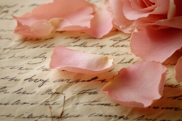 Timeless Romance: A Treasure Trove of Handwritten Memories on Aged Parchment, Embellished with Delicate Rose Petals and Echoes of Past Whispers
