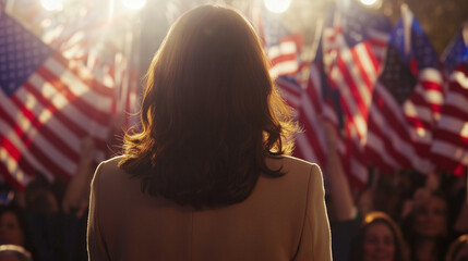 female politician wearing tan suit from behind looking over crowd of american supporters with flags in sunshine