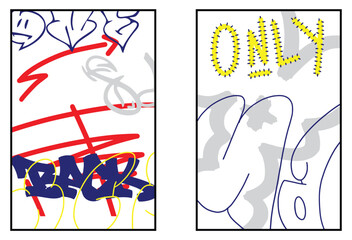 Graffiti poster or flyer design templates with colorful tags, grunge, scribblers and throw-up. Hand-drawn abstract graffiti vector designs