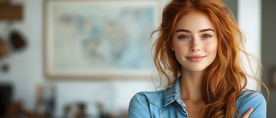 A young woman with red hair and freckles smiles softly.