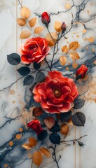 A stylish wedding invitation template with an elegant floral frame, featuring roses and leaves, gold lines, and a marble abstract background
