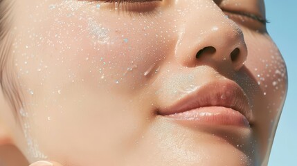 Fototapeta premium Close-up of a woman's face with water droplets on her skin.