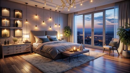An elegantly designed bedroom enveloped in the warm light of evening twilight.
