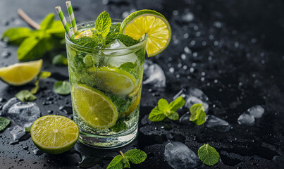 Fototapeta premium Mojito cocktail on dark marble background. Invigorating refreshing colorful cocktail at bar or restaurant. Alcoholic drink with lime, mint and ice.