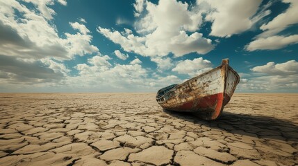 Stranded Boat in a Parched Lakebed: A Visual of Climate Change, Environmental Damage, and Global Warming's Catastrophic Impact