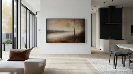Framed impressionistic landscape painting on glass hanging on a white wall in a modern, minimalist apartment interior with large windows and natural light