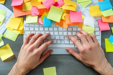 Office cubicle background with sticky notes and documents.