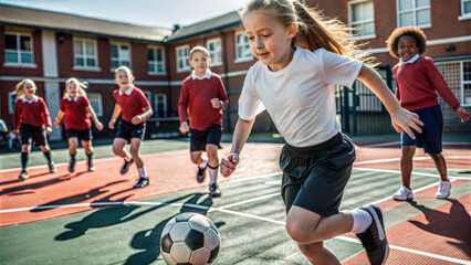 Fototapeta premium Group of elementary students playing soccer on school sports field during recess
