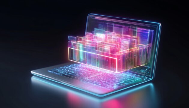 laptop screen with a drawer, with digital files and folders. advanced document management system.