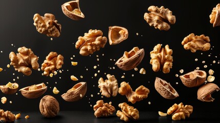 Dynamic Splash of Walnuts in Mid-Air on Black Background