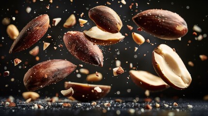 Explosive Brazil Nuts Splash in Mid-Air on Black Background