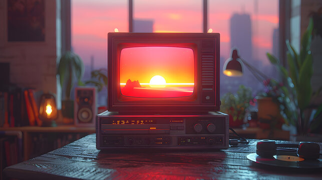 Vintage TV with Color Bars in Cozy Retro Living Room. AI generative.
