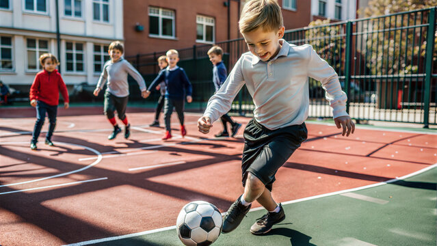Boy kicking soccer ball on outdoor school court during recess with classmates playing