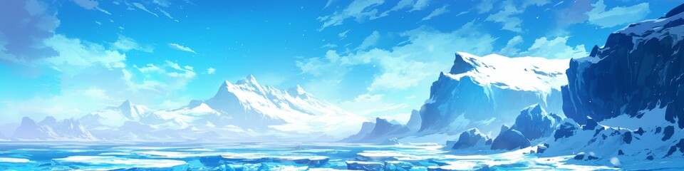 Fototapeta premium Abstract Anime-Style Winter Wonderland: Majestic Snow-Capped Mountains in Digital Art. Serene Icy Landscape with Abstract Elements for Game Backgrounds, Creative Marketing, and Seasonal Illustrations.