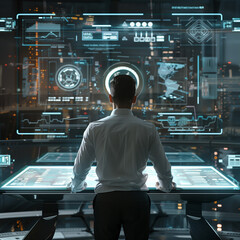 Futuristic interface use by office guy