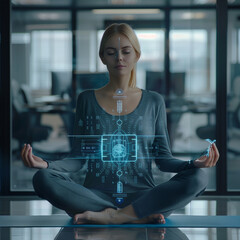 Office woman in yoga pose with futuristic interface.