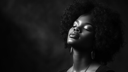 
Black and white portrait of a beautiful African woman with closed eyes, dramatic lighting, and curly hair against a dark background