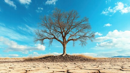 A bare tree stands alone on cracked, dry soil under a cloudy sky, highlighting drought, climate change, and arid conditions.