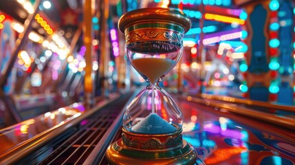 Thrilling Time Capsule - Hourglass on Carnival Ride Amidst Vibrant Lights and Festive Atmosphere
