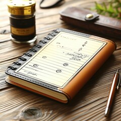 Leather Bound Notebook on Wooden Table with Pen