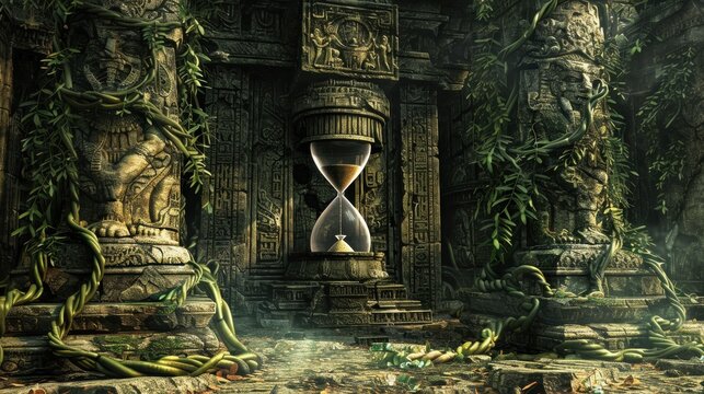 Enigmatic Hourglass in a Mystical Jungle Temple with Intricate Carvings and Twisting Vines