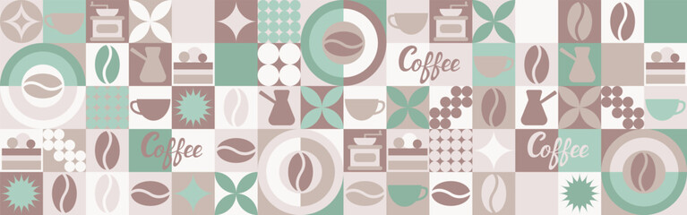 Coffee seamless background for textile and wallpaper with geometric shapes and coffee beans. Fashionable splash template with a cup in brown and green tones.