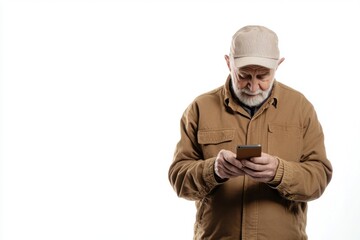 Confused senior man trying to use his smartphone on a white background